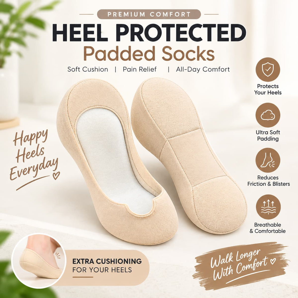 Double Padded Heel Protector Socks Pair – Releif For Heel Pain, Breathable & All Day Comfort